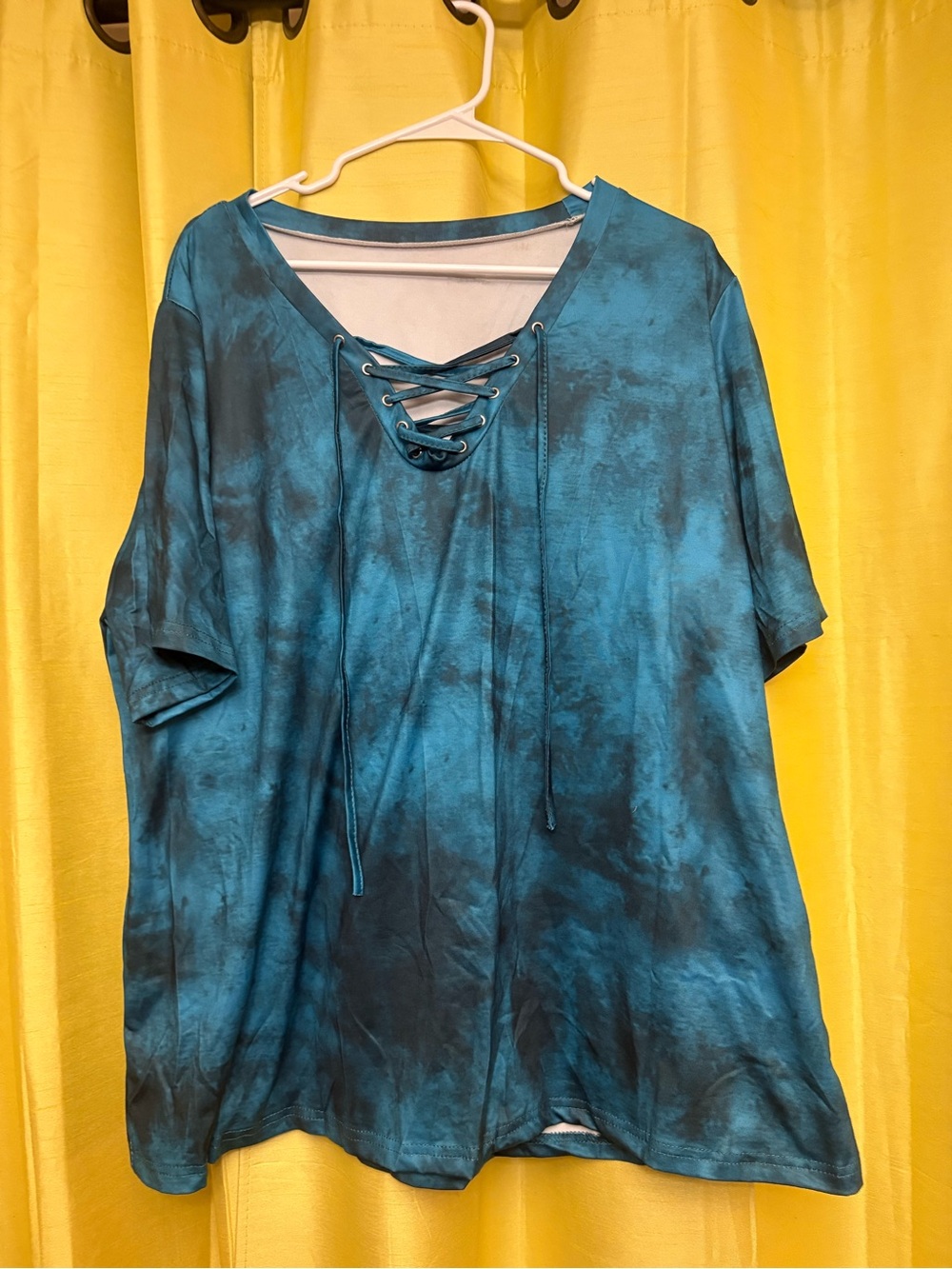 SHEIN Teal Blue Black Tie-Dye Lace-Up Short Sleeve Top